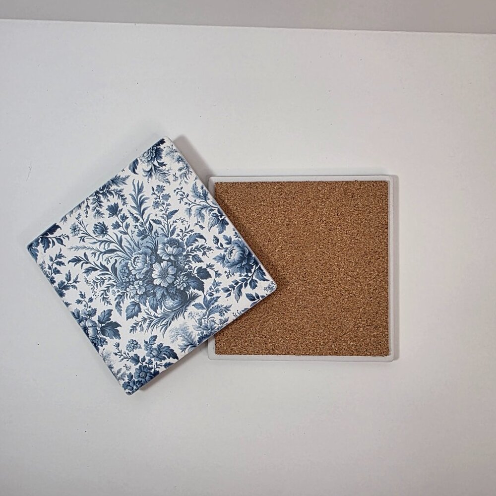 Blue Toile Sandstone Coaster - Set of 4 | French Country Floral | Cork Back 4.3" - Picture 3 of 6